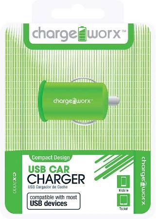 Chargeworx CX2000GN USB Car Charger, Green; Fits with most USB devices; Stylish, durable, innovative design; Cigarette lighter USB charger; 1 USB port; Power Input 12/24V; Total Output 5V - 1.0Amp; UPC 643620000182 (CX-2000GN CX 2000GN CX2000G CX2000)