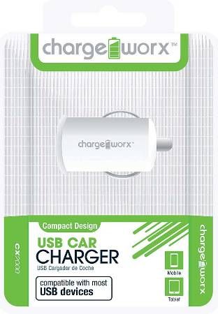 Chargeworx CX2000WH USB Car Charger, White; Fits with most USB devices; Stylish, durable, innovative design; Cigarette lighter USB charger; 1 USB port; Power Input 12/24V; Total Output 5V - 1.0Amp; UPC 643620000144 (CX-2000WH CX 2000WH CX2000W CX2000)