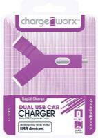 Chargeworx CX2003VT Dual USB "Y" Shaped Car Charger, Purple; Compatible with most Micro USB devices; Stylish, durable, innovative design; Lighter socket USB charger; 2 USB ports; Power Input 12/24V; Total Power Output 5V - 2.1A; UPC 643620000236 (CX-2003VT CX 2003VT CX2003V CX2003) 
