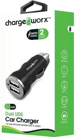 Chargeworx CX2101BK Dual USB Car Charger, Black; Compact, durable, innovative design; Lighter socket USB charger; 2 USB port; For use with most smartphones & tablets; Power Input 12/24V; Total Output 5V - 2.1A; UPC 643620210109 (CX-2101BK CX 2101BK CX2101B CX2101)