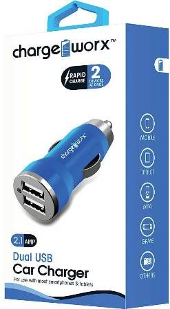 Chargeworx CX2101BL Dual USB Car Charger, Blue; Compact, durable, innovative design; Lighter socket USB charger; 2 USB port; For use with most smartphones & tablets; Power Input 12/24V; Total Output 5V - 2.1A; UPC 643620210123 (CX-2101BL CX 2101BL CX2101B CX2101)