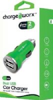 Chargeworx CX2101GN Dual USB Car Charger, Green; Compact, durable, innovative design; Lighter socket USB charger; 2 USB port; For use with most smartphones & tablets; Power Input 12/24V; Total Output 5V - 2.1A; UPC 643620210130 (CX-2101GN CX 2101GN CX2101G CX2101) 
