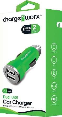 Chargeworx CX2101GN Dual USB Car Charger, Green; Compact, durable, innovative design; Lighter socket USB charger; 2 USB port; For use with most smartphones & tablets; Power Input 12/24V; Total Output 5V - 2.1A; UPC 643620210130 (CX-2101GN CX 2101GN CX2101G CX2101)