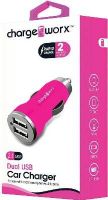 Chargeworx CX2101PK Dual USB Car Charger, Pink; Compact, durable, innovative design; Lighter socket USB charger; 2 USB port; For use with most smartphones & tablets; Power Input 12/24V; Total Output 5V - 2.1A; UPC 643620210147 (CX-2101PK CX 2101PK CX2101P CX2101) 