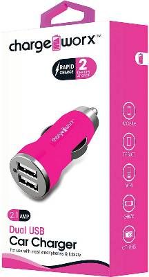 Chargeworx CX2101PK Dual USB Car Charger, Pink; Compact, durable, innovative design; Lighter socket USB charger; 2 USB port; For use with most smartphones & tablets; Power Input 12/24V; Total Output 5V - 2.1A; UPC 643620210147 (CX-2101PK CX 2101PK CX2101P CX2101)