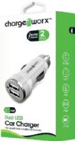 Chargeworx CX2101WH Dual USB Car Charger, White; Compact, durable, innovative design; Lighter socket USB charger; 2 USB port; For use with most smartphones & tablets; Power Input 12/24V; Total Output 5V - 2.1A; UPC 643620210161 (CX-2101WH CX 2101WH CX2101W CX2101) 