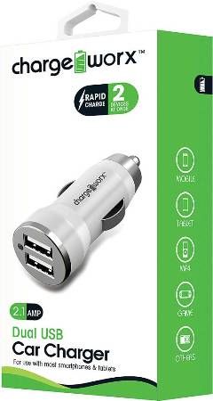 Chargeworx CX2101WH Dual USB Car Charger, White; Compact, durable, innovative design; Lighter socket USB charger; 2 USB port; For use with most smartphones & tablets; Power Input 12/24V; Total Output 5V - 2.1A; UPC 643620210161 (CX-2101WH CX 2101WH CX2101W CX2101)