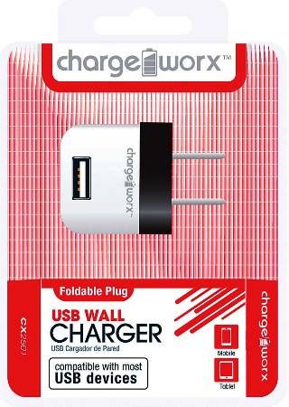 Chargeworx CX2501BK Folding USB Wall Charger, Black; Compatible with most Micro USB devices; Stylish, durable, innovative design; Wall USB charger; Foldable Plug; 1 USB port; Power Input 110/240V; Total Output 5V - 1.0Amp; UPC 643620000342 (CX-2501BK CX 2501BK CX2501B CX2501)