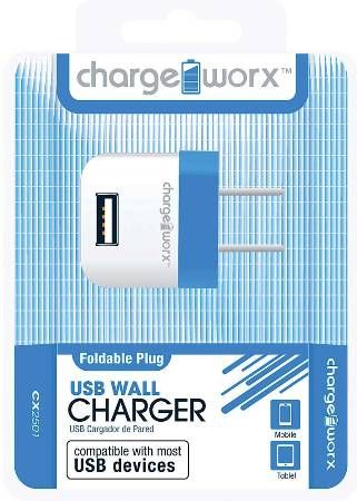 Chargeworx CX2501BL Folding USB Wall Charger, Blue; Compatible with most Micro USB devices; Stylish, durable, innovative design; Wall USB charger; Foldable Plug; 1 USB port; Power Input 110/240V; Total Output 5V - 1.0Amp; UPC 643620000380 (CX-2501BL CX 2501BL CX2501B CX2501)