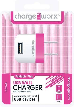 Chargeworx CX2501PK Folding USB Wall Charger, Pink; Compatible with most Micro USB devices; Stylish, durable, innovative design; Wall USB charger; Foldable Plug; 1 USB port; Power Input 110/240V; Total Output 5V - 1.0Amp; UPC 643620000373 (CX-2501PK CX 2501PK CX2501P CX2501)