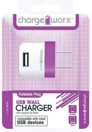 Chargeworx CX2501VT Folding USB Wall Charger, Purple; Compatible with most Micro USB devices; Stylish, durable, innovative design; Wall USB charger; Foldable Plug; 1 USB port; Power Input 110/240V; Total Output 5V - 1.0Amp; UPC 643620000366 (CX-2501VT CX 2501VT CX2501V CX2501)
