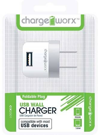 Chargeworx CX2501WH Folding USB Wall Charger, White; Compatible with most Micro USB devices; Stylish, durable, innovative design; Wall USB charger; Foldable Plug; 1 USB port; Power Input 110/240V; Total Output 5V - 1.0Amp; UPC 643620000359 (CX-2501WH CX 2501WH CX2501W CX2501)