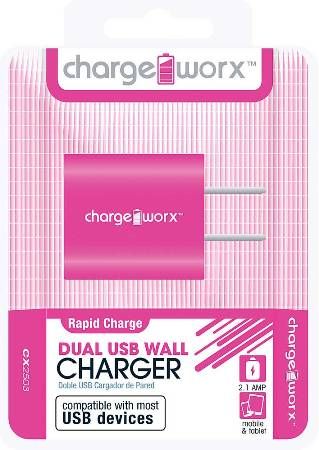 Chargeworx CX2503PK Dual USB Wall Charger, Pink; Compatible with most Micro USB devices; Stylish, durable, innovative design; Wall USB charger; 2 USB port; Power Input 110/240V; Total Output 5V-2.1Amp; UPC 643620250358 (CX-2503PK CX 2503PK CX2503P CX2503)