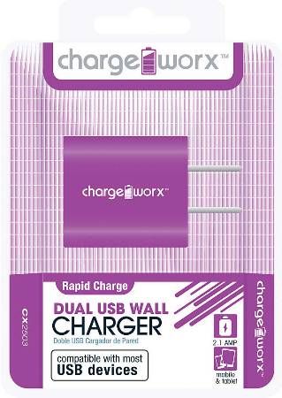 Chargeworx CX2503VT Dual USB Wall Charger, Purple; Compatible with most Micro USB devices; Stylish, durable, innovative design; Wall USB charger; 2 USB port; Power Input 110/240V; Total Output 5V-2.1Amp; UPC 643620250365 (CX-2503VT CX 2503VT CX2503V CX2503)