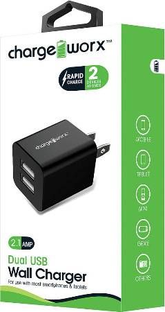 Chargeworx CX2603BK Dual USB Wall Charger, Black; Compact, durable, innovative design; Wall socket USB charger; 2 USB ports; For sue with most smartphones and tablets; Power Input 110/240; Total Output 5V - 2.1A; UPC 643620260302 (CX-2603BK CX 2603BK CX2603B CX2603)