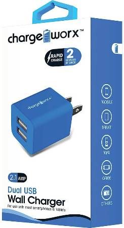 Chargeworx CX2603BL Dual USB Wall Charger, Blue; Compact, durable, innovative design; Wall socket USB charger; 2 USB ports; For sue with most smartphones and tablets; Power Input 110/240; Total Output 5V - 2.1A; UPC 643620260326 (CX-2603BL CX 2603BL CX2603B CX2603)