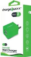 Chargeworx CX2603GN Dual USB Wall Charger, Green; For use with most smartphones and tablets; Compact, durable, innovative design; Wall socket USB charger; 2 USB ports; Power Input 110/240; Total Output 5V - 2.1A; UPC 643620260333 (CX-2603GN CX 2603GN CX2603G CX2603) 