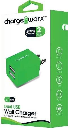 Chargeworx CX2603GN Dual USB Wall Charger, Green; For use with most smartphones and tablets; Compact, durable, innovative design; Wall socket USB charger; 2 USB ports; Power Input 110/240; Total Output 5V - 2.1A; UPC 643620260333 (CX-2603GN CX 2603GN CX2603G CX2603)