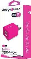 Chargeworx CX2603PKH Dual USB Wall Charger, Pink; Compact, durable, innovative design; Wall socket USB charger; 2 USB ports; For sue with most smartphones and tablets; Power Input 110/240; Total Output 5V - 2.1A; UPC 643620260340 (CX-2603PKH CX 2603PK CX2603P CX2603) 