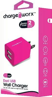 Chargeworx CX2603PKH Dual USB Wall Charger, Pink; Compact, durable, innovative design; Wall socket USB charger; 2 USB ports; For sue with most smartphones and tablets; Power Input 110/240; Total Output 5V - 2.1A; UPC 643620260340 (CX-2603PKH CX 2603PK CX2603P CX2603)