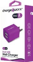 Chargeworx CX2603VT Dual USB Wall Charger, Violet; For use with most smartphones and tablets; Compact, durable, innovative design; Wall socket USB charger; 2 USB ports; Power Input 110/240; Total Output 5V - 2.1A; UPC 643620260357 (CX-2603VT CX 2603VT CX2603V CX2603) 
