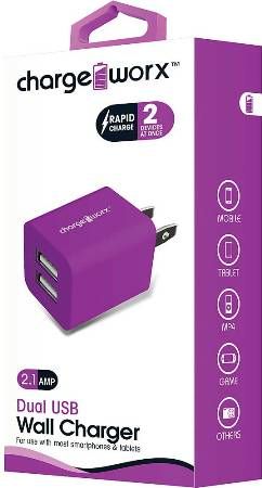 Chargeworx CX2603VT Dual USB Wall Charger, Violet; For use with most smartphones and tablets; Compact, durable, innovative design; Wall socket USB charger; 2 USB ports; Power Input 110/240; Total Output 5V - 2.1A; UPC 643620260357 (CX-2603VT CX 2603VT CX2603V CX2603)