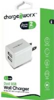 Chargeworx CX2603WH Dual USB Wall Charger, White; Compact, durable, innovative design; Wall socket USB charger; 2 USB ports; For sue with most smartphones and tablets; Power Input 110/240; Total Output 5V - 2.1A; UPC 643620260364 (CX-2603WH CX 2603WH CX2603W CX2603) 