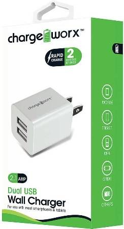 Chargeworx CX2603WH Dual USB Wall Charger, White; Compact, durable, innovative design; Wall socket USB charger; 2 USB ports; For sue with most smartphones and tablets; Power Input 110/240; Total Output 5V - 2.1A; UPC 643620260364 (CX-2603WH CX 2603WH CX2603W CX2603)