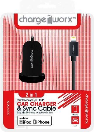 Chargeworx CX3000BK Car Charger & Sync Cable, Black; Fits with for iPhone 5/5S/5C, iPod and 6/6Plus; Charge & Sync cable; USB wall charger; 1 USB port; 3.3ft/1m length; 5V - 1.0Amp Total Output; UPC 643620001523 (CX-3000BK CX 3000BK CX3000B CX3000)