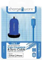 Chargeworx CX3000BL Car Charger & Sync Cable, Blue; Fits with for iPhone 5/5S/5C, iPod and 6/6Plus; Charge & Sync cable; USB wall charger; 1 USB port; 3.3ft/1m length; 5V - 1.0Amp Total Output; UPC 643620001561 (CX-3000BL CX 3000BL CX3000B CX3000) 