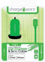 Chargeworx CX3000GN Car Charger & Sync Cable, Green; Fits with for iPhone 5/5S/5C, iPod and 6/6Plus; Charge & Sync cable; USB wall charger; 1 USB port; 3.3ft/1m length; 5V - 1.0Amp Total Output; UPC 643620001578 (CX-3000GN CX 3000GN CX3000G CX3000) 