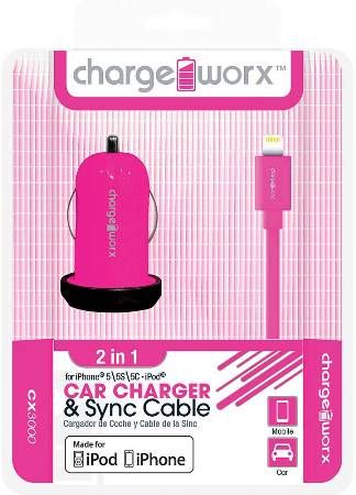Chargeworx CX3000PK Car Charger & Sync Cable, Pink; Fits with for iPhone 5/5S/5C, iPod and 6/6Plus; Charge & Sync cable; USB wall charger; 1 USB port; 3.3ft/1m length; 5V - 1.0Amp Total Output; UPC 643620001554 (CX-3000PK CX 3000PK CX3000P CX3000)