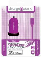Chargeworx CX3000VT Car Charger & Sync Cable, Purple; Fits with for iPhone 5/5S/5C, iPod and 6/6Plus; Charge & Sync cable; USB wall charger; 1 USB port; 3.3ft/1m length; 5V - 1.0Amp Total Output; UPC 643620001547 (CX-3000VT CX 3000VT CX3000V CX3000) 