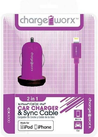 Chargeworx CX3000VT Car Charger & Sync Cable, Purple; Fits with for iPhone 5/5S/5C, iPod and 6/6Plus; Charge & Sync cable; USB wall charger; 1 USB port; 3.3ft/1m length; 5V - 1.0Amp Total Output; UPC 643620001547 (CX-3000VT CX 3000VT CX3000V CX3000)