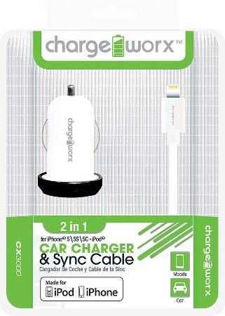 Chargeworx CX3000WH Car Charger & Sync Cable, White; Fits with for iPhone 5/5S/5C, iPod and 6/6Plus; Charge & Sync cable; USB wall charger; 1 USB port; 3.3ft/1m length; 5V - 1.0Amp Total Output; UPC 643620001530 (CX-3000WH CX 3000WH CX3000W CX3000)