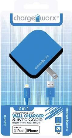 Chargeworx CX3002BL USB Wall Charger & Sync Cable, Blue; Fits with for iPhone 5/5S/5C, iPod and 6/6Plus; Charge & Sync cable; USB wall charger; 1 USB port; 3.3ft/1m length; 5V - 1.0Amp Total Output; UPC 643620001622 (CX-3002BL CX 3002BL CX3002B CX3002)