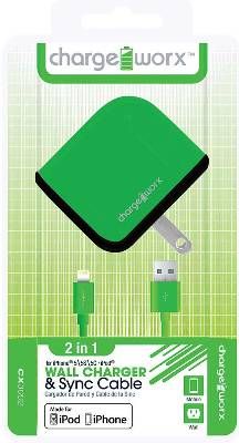Chargeworx CX3002GN USB Wal Charger & Sync Cable, Green; Fits with for iPhone 5/5S/5C, iPod and 6/6Plus; Charge & Sync cable; USB wall charger; 1 USB port; 3.3ft/1m length; 5V - 1.0Amp Total Output; UPC 643620001639 (CX-3002GN CX 3002GN CX3002G CX3002)
