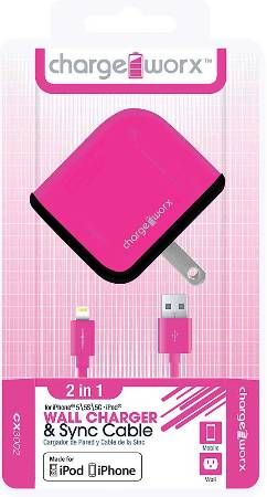 Chargeworx CX3002PK USB Wal Charger & Sync Cable, Pink; Fits with for iPhone 5/5S/5C, iPod and 6/6Plus; Charge & Sync cable; USB wall charger; 1 USB port; 3.3ft/1m length; 5V - 1.0Amp Total Output; UPC 643620001615 (CX-3002PK CX 3002PK CX3002P CX3002)
