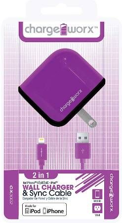 Chargeworx CX3002VT USB Wal Charger & Sync Cable, Purple; Fits with for iPhone 5/5S/5C, iPod and 6/6Plus; Charge & Sync cable; USB wall charger; 1 USB port; 3.3ft/1m length; 5V - 1.0Amp Total Output; UPC 643620001608 (CX-3002VT CX 3002VT CX3002V CX3002)