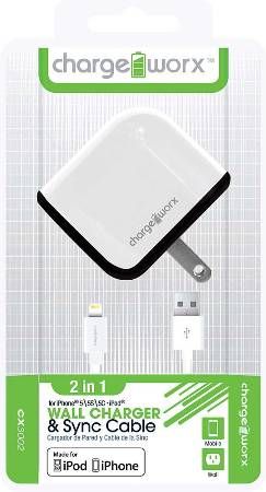 Chargeworx CX3002WH USB Wal Charger & Sync Cable, White; Fits with for iPhone 5/5S/5C, iPod and 6/6Plus; Charge & Sync cable; USB wall charger; 1 USB port; 3.3ft/1m length; 5V - 1.0Amp Total Output; UPC 643620001592 (CX-3002WH CX 3002WH CX3002W CX3002)