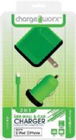 Chargeworx CX3003GN Wall & Car Charger with Sync Cable, Green; Made for iPhone 5/5S/5C, 6/6Plus and iPod; USB wall charger (110/240V); USB car charger (12/24V); 1 USB port each; Includes 1 sync & charge cable; Total Output 5V - 1.0Amp; 3.3ft/1m cord length; UPC 643620001691 (CX-3003GN CX 3003GN CX3003G CX3003) 