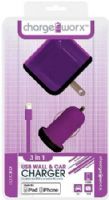 Chargeworx CX3003VT Wall & Car Charger with Sync Cable, Purple; Made for iPhone 5/5S/5C, 6/6Plus and iPod; USB wall charger (110/240V); USB car charger (12/24V); 1 USB port each; Includes 1 sync & charge cable; Total Output 5V - 1.0Amp; 3.3ft/1m cord length; UPC 643620001660 (CX-3003VT CX 3003VT CX3003V CX3003) 