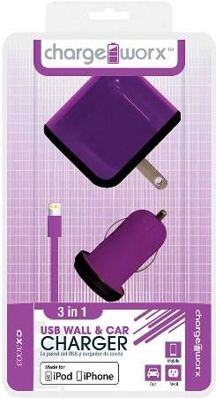 Chargeworx CX3003VT Wall & Car Charger with Sync Cable, Purple; Made for iPhone 5/5S/5C, 6/6Plus and iPod; USB wall charger (110/240V); USB car charger (12/24V); 1 USB port each; Includes 1 sync & charge cable; Total Output 5V - 1.0Amp; 3.3ft/1m cord length; UPC 643620001660 (CX-3003VT CX 3003VT CX3003V CX3003)