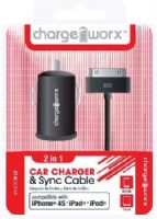 Chargeworx CX3004BK USB Car Charger & Sync Cable, Black; Fits with iPhone 4/4S, iPad and iPod; Charge & Sync cable; USB car charger; 1 USB port; Total Output 5V - 1.0Amp; 3.3ft/1m cord length; UPC 643620001707 (CX-3004BK CX 3004BK CX3004B CX3004) 