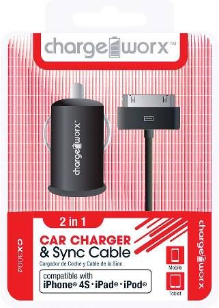 Chargeworx CX3004BK USB Car Charger & Sync Cable, Black; Fits with iPhone 4/4S, iPad and iPod; Charge & Sync cable; USB car charger; 1 USB port; Total Output 5V - 1.0Amp; 3.3ft/1m cord length; UPC 643620001707 (CX-3004BK CX 3004BK CX3004B CX3004)