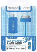 Chargeworx CX3004BL USB Car Charger & Sync Cable, Blue; Fits with iPhone 4/4S, iPad and iPod; Charge & Sync cable; USB car charger; 1 USB port; Total Output 5V - 1.0Amp; 3.3ft/1m cord length; UPC 643620001745 (CX-3004BL CX 3004BL CX3004B CX3004) 
