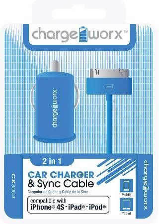 Chargeworx CX3004BL USB Car Charger & Sync Cable, Blue; Fits with iPhone 4/4S, iPad and iPod; Charge & Sync cable; USB car charger; 1 USB port; Total Output 5V - 1.0Amp; 3.3ft/1m cord length; UPC 643620001745 (CX-3004BL CX 3004BL CX3004B CX3004)