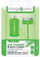 Chargeworx CX3004GN USB Car Charger & Sync Cable, Green; Fits with iPhone 4/4S, iPad and iPod; Charge & Sync cable; USB car charger; 1 USB port; Total Output 5V - 1.0Amp; 3.3ft/1m cord length; UPC 643620001752 (CX-3004GN CX 3004GN CX3004G CX3004) 
