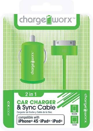 Chargeworx CX3004GN USB Car Charger & Sync Cable, Green; Fits with iPhone 4/4S, iPad and iPod; Charge & Sync cable; USB car charger; 1 USB port; Total Output 5V - 1.0Amp; 3.3ft/1m cord length; UPC 643620001752 (CX-3004GN CX 3004GN CX3004G CX3004)