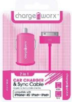 Chargeworx CX3004PK USB Car Charger & Sync Cable, Pink; Fits with iPhone 4/4S, iPad and iPod; Charge & Sync cable; USB car charger; 1 USB port; Total Output 5V - 1.0Amp; 3.3ft/1m cord length; UPC 643620001738 (CX-3004PK CX 3004PK CX3004P CX3004) 